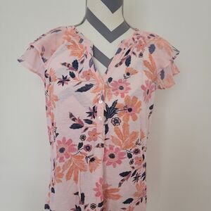 Style & Co. Orange Pink Floral Print Flutter Cap Sleeve Blouse Sz S Short Sleeve